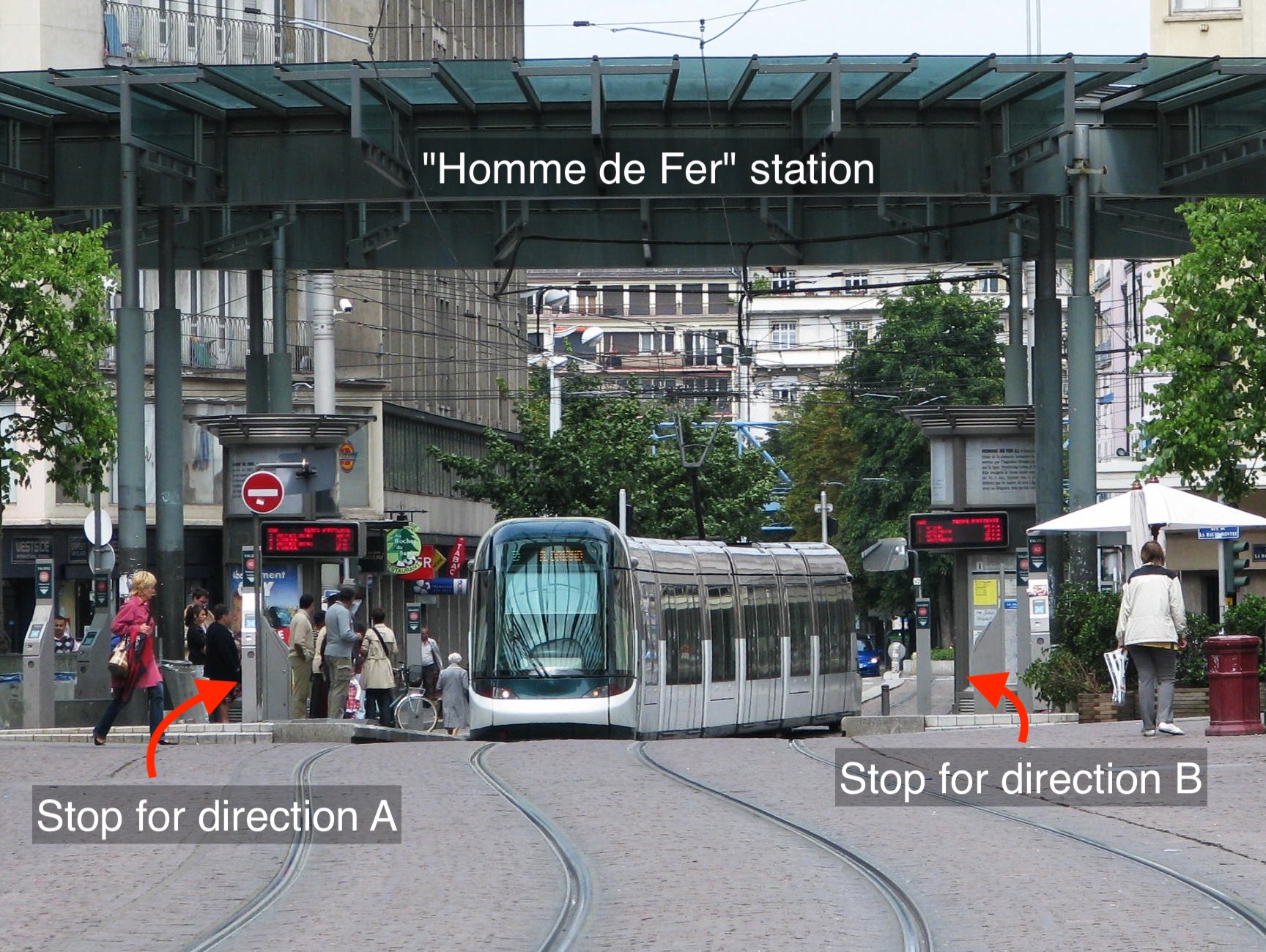 Photo of the "Homme de Fer" tram station, with a stop on each side of the tram tracks, one for each tram direction