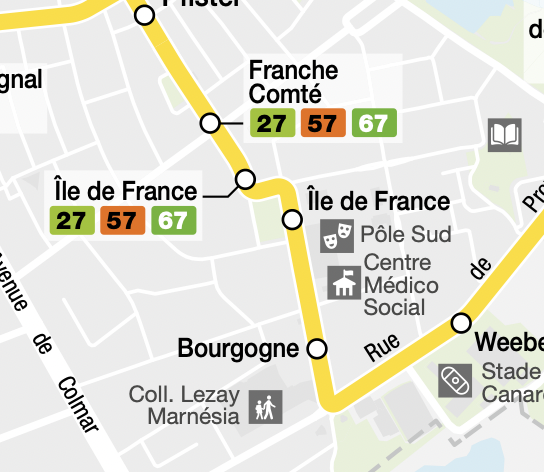 Official map of bus lane 40, with two different, consecutive "Ile de France" stations along the same lane